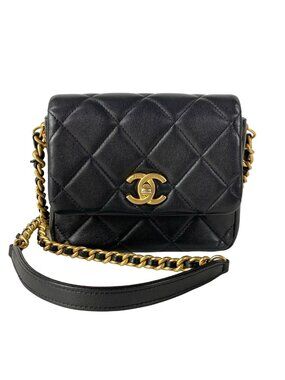 Chanel Shoulder Bag Mini Quilted Black Chain Gold Lambskin